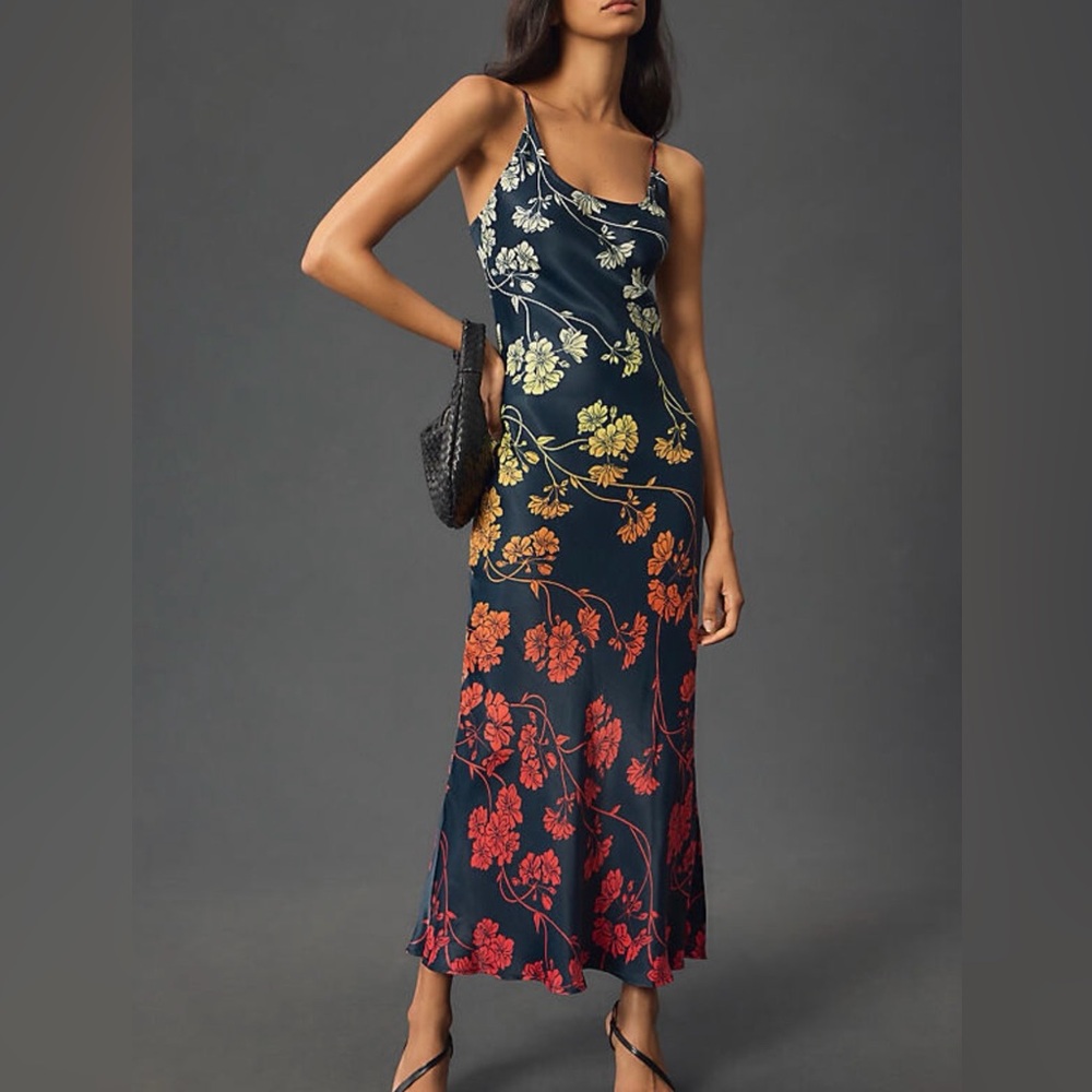 NWT Anthropologie Conditions Apply Elva Slip Satin Navy Midi Dress Floral XXS